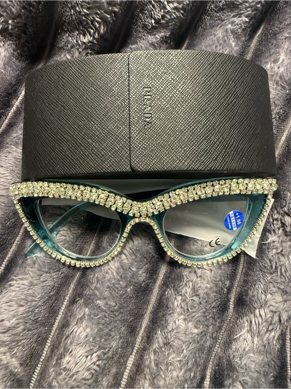 Prada Case & Turquoise Blue Clear Crystal-Trim Cat Eye Sunglasses (No Brand)